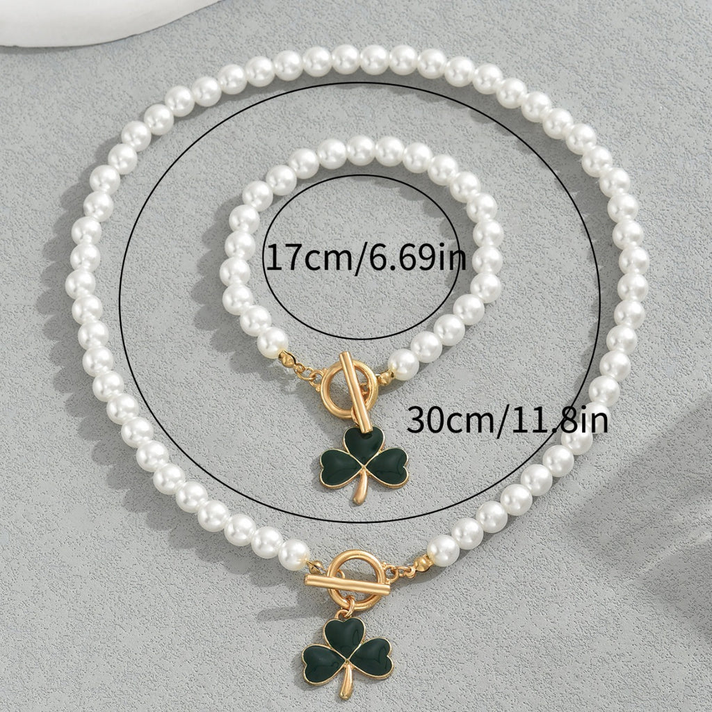 Heart-shaped four-leaf clover necklace and bracelet set