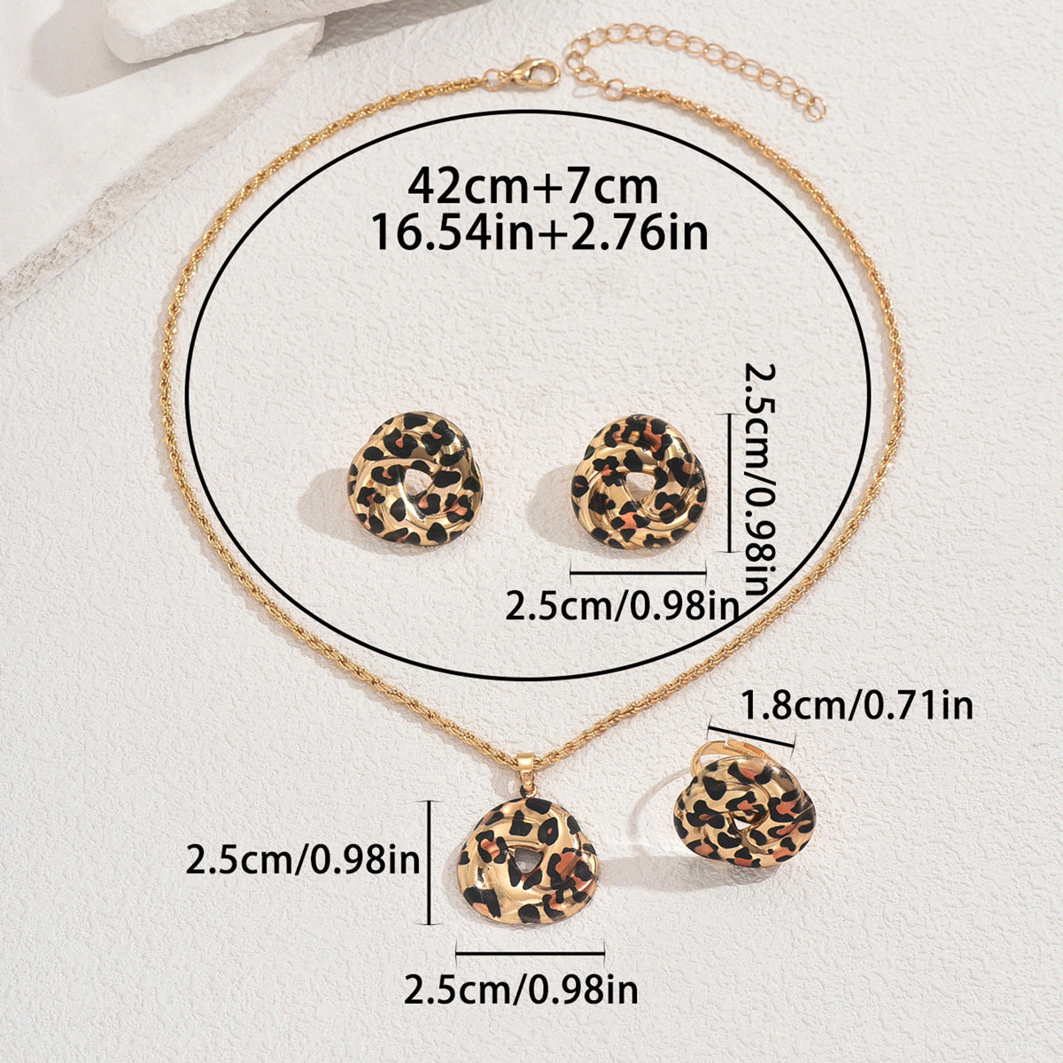 Ring, necklace, earrings, and leopard print clavicle chain jewelry set