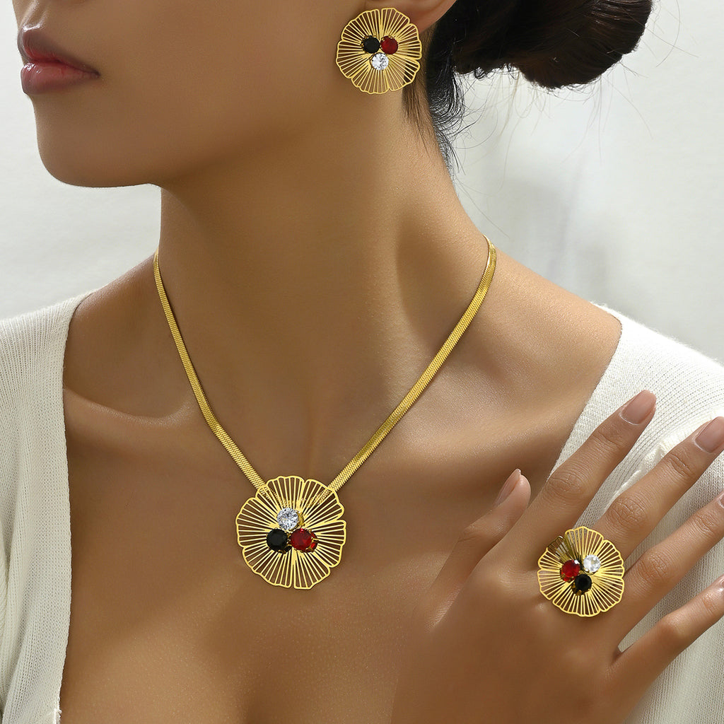 Flower ring, long necklace and earring set