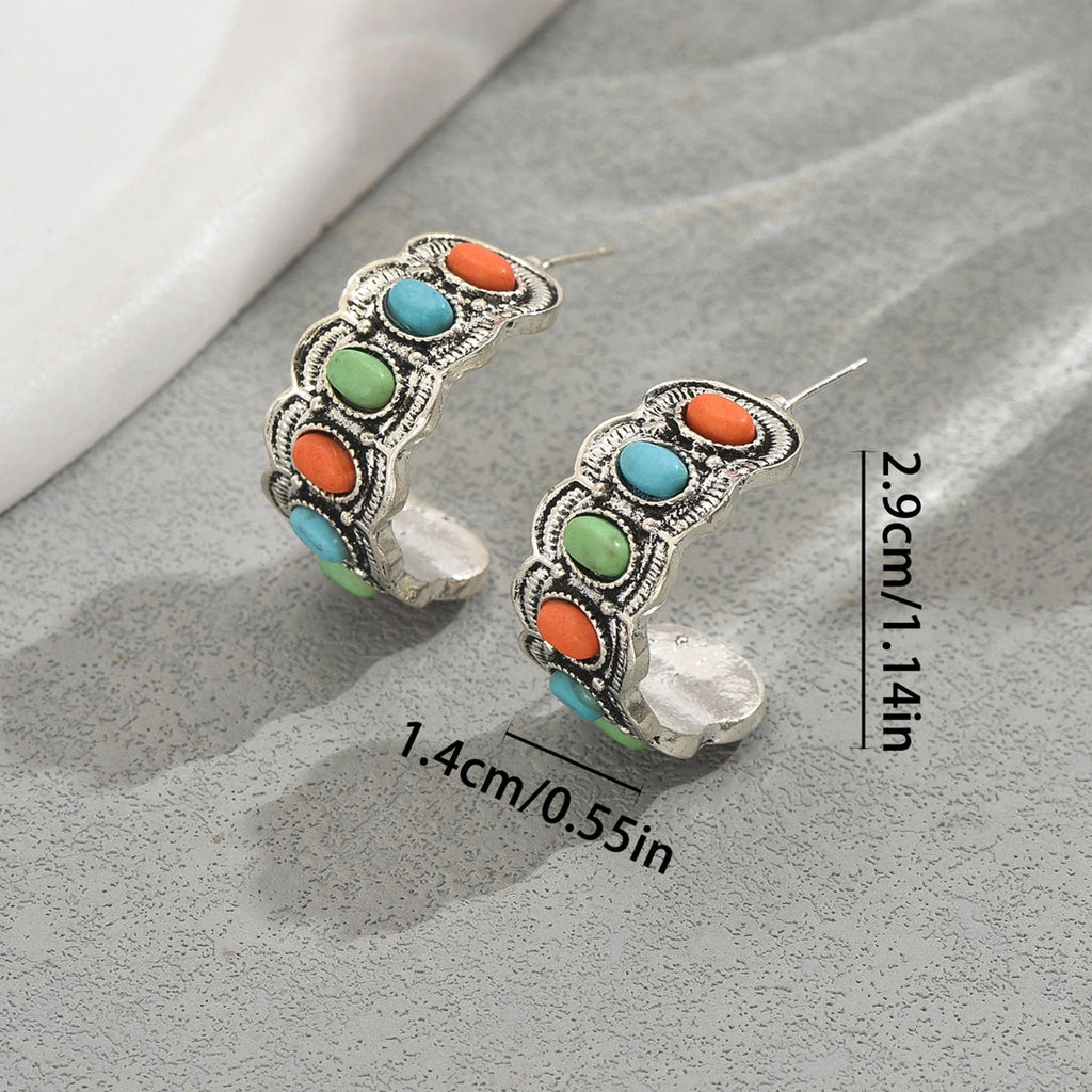 Creative C-shaped earrings made of colored natural gemstones