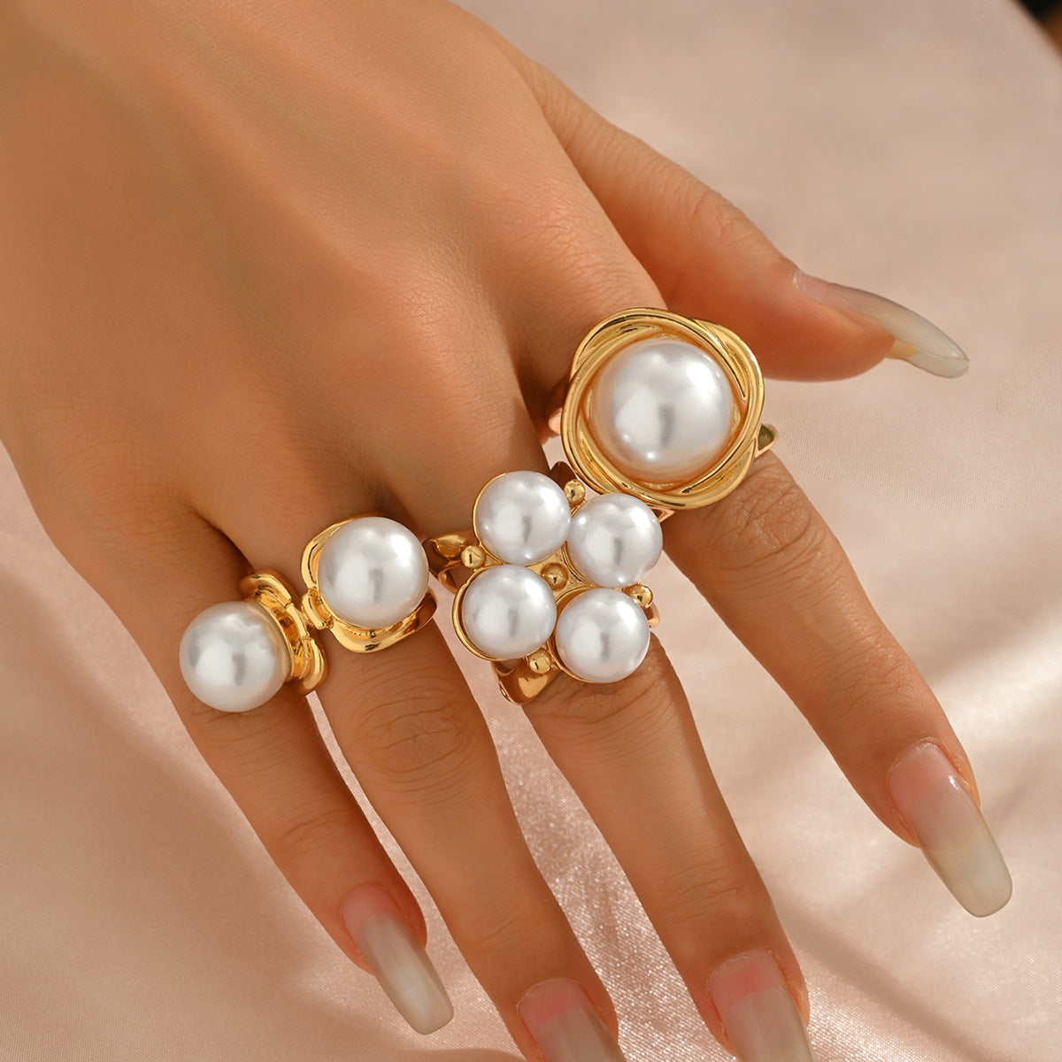 High-end inlaid pearl design open set ring