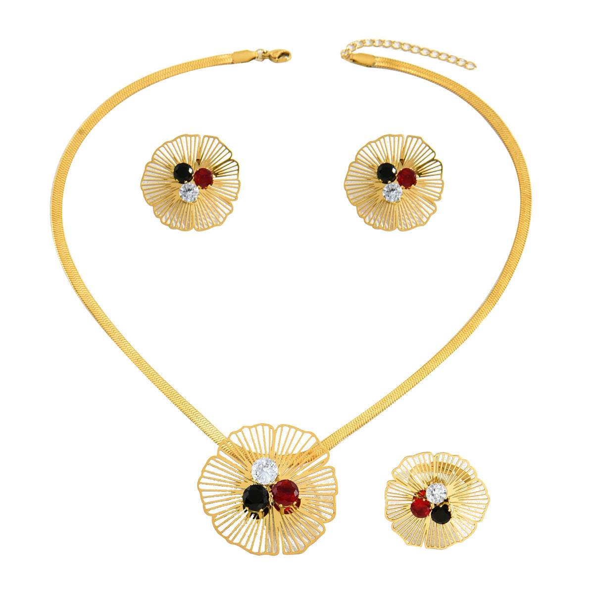 Flower ring, long necklace and earring set