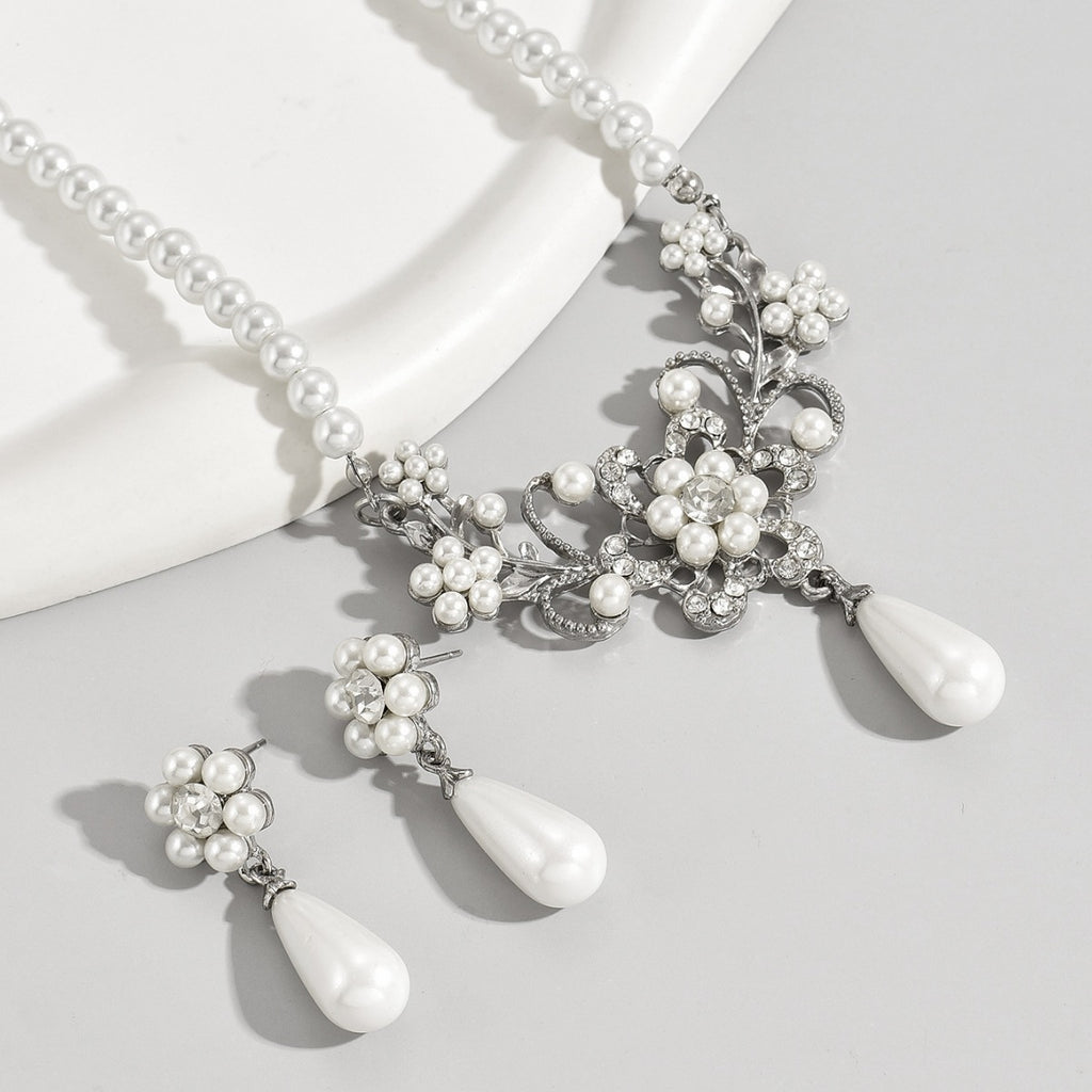 Retro pearl necklace with zircon plum earrings set