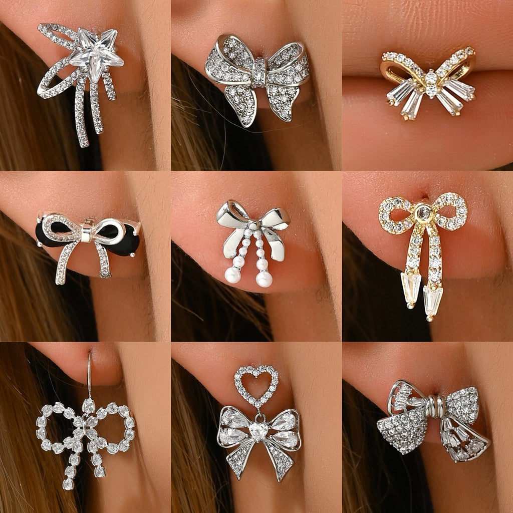 New zircon-inlaid bowknot design earrings