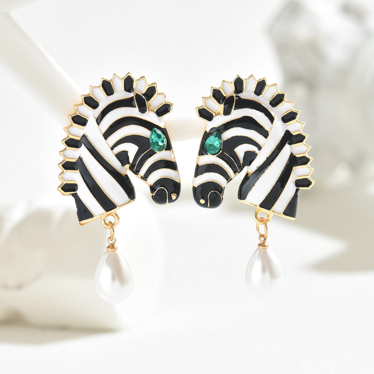 Zebra-print animal pearl earrings