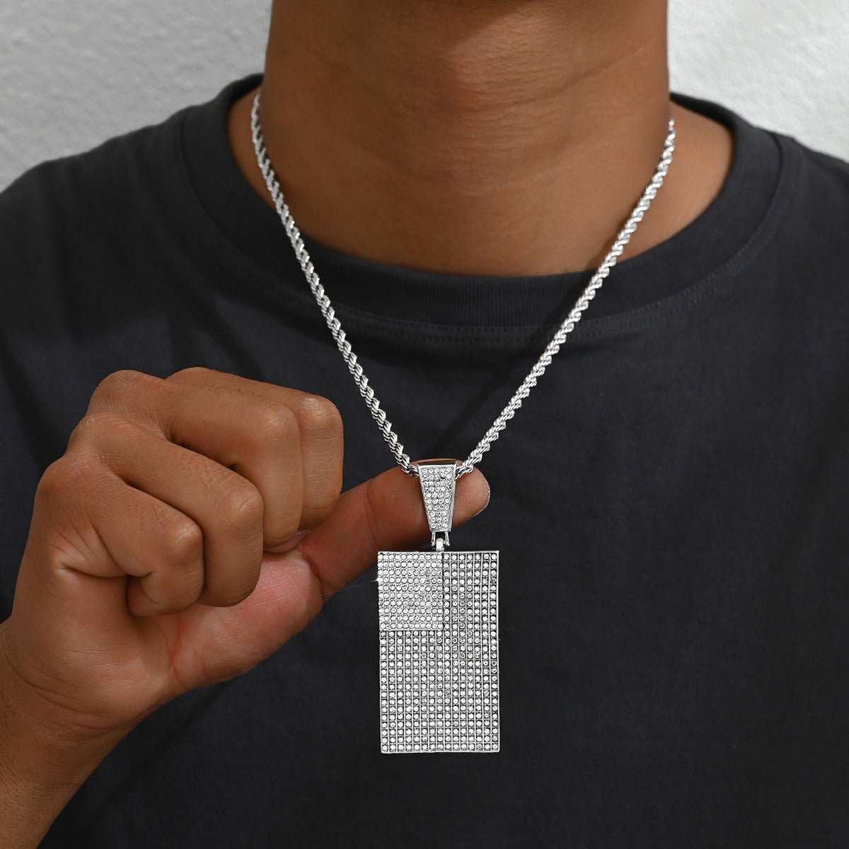 Men's square pendant and diamond-encrusted necklace