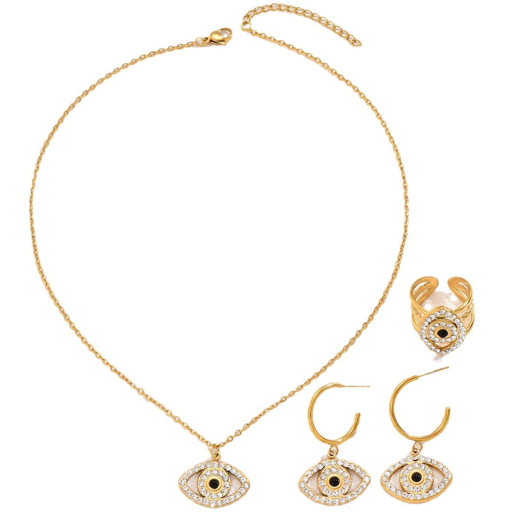 Evil Eye Inlaid Zirconia Clavicle Chain, Versatile Ring and Earring Set
