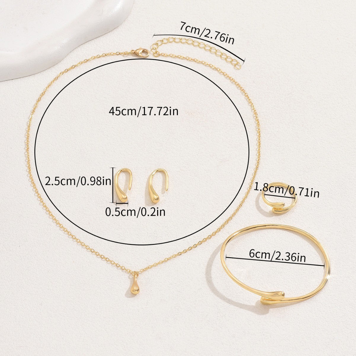 Teardrop-shaped ring and adjustable bracelet earring necklace set