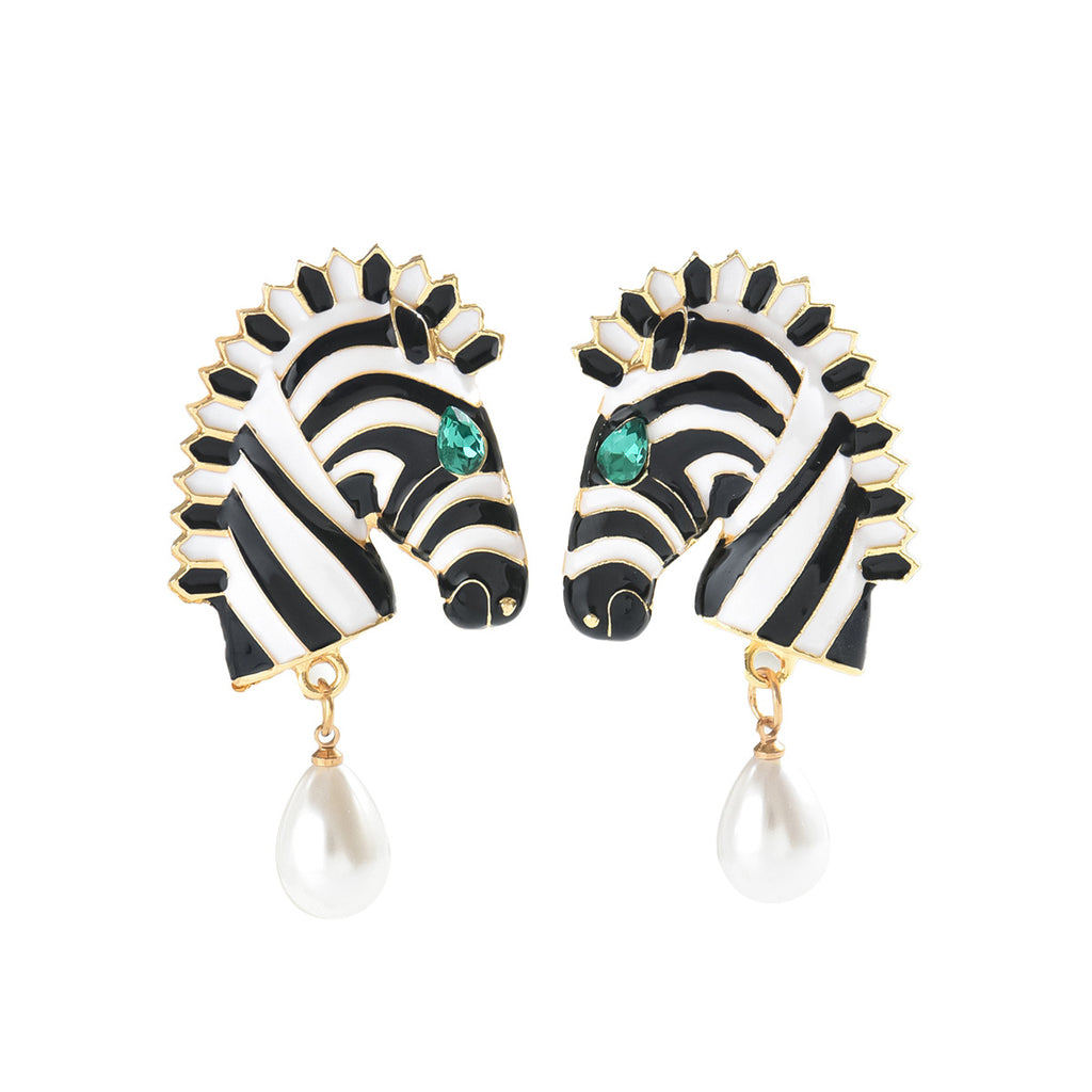 Zebra-print animal pearl earrings