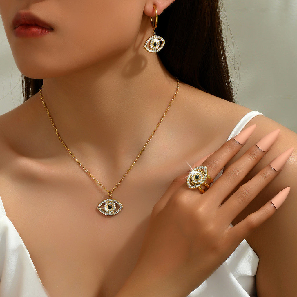 Evil Eye Inlaid Zirconia Clavicle Chain, Versatile Ring and Earring Set