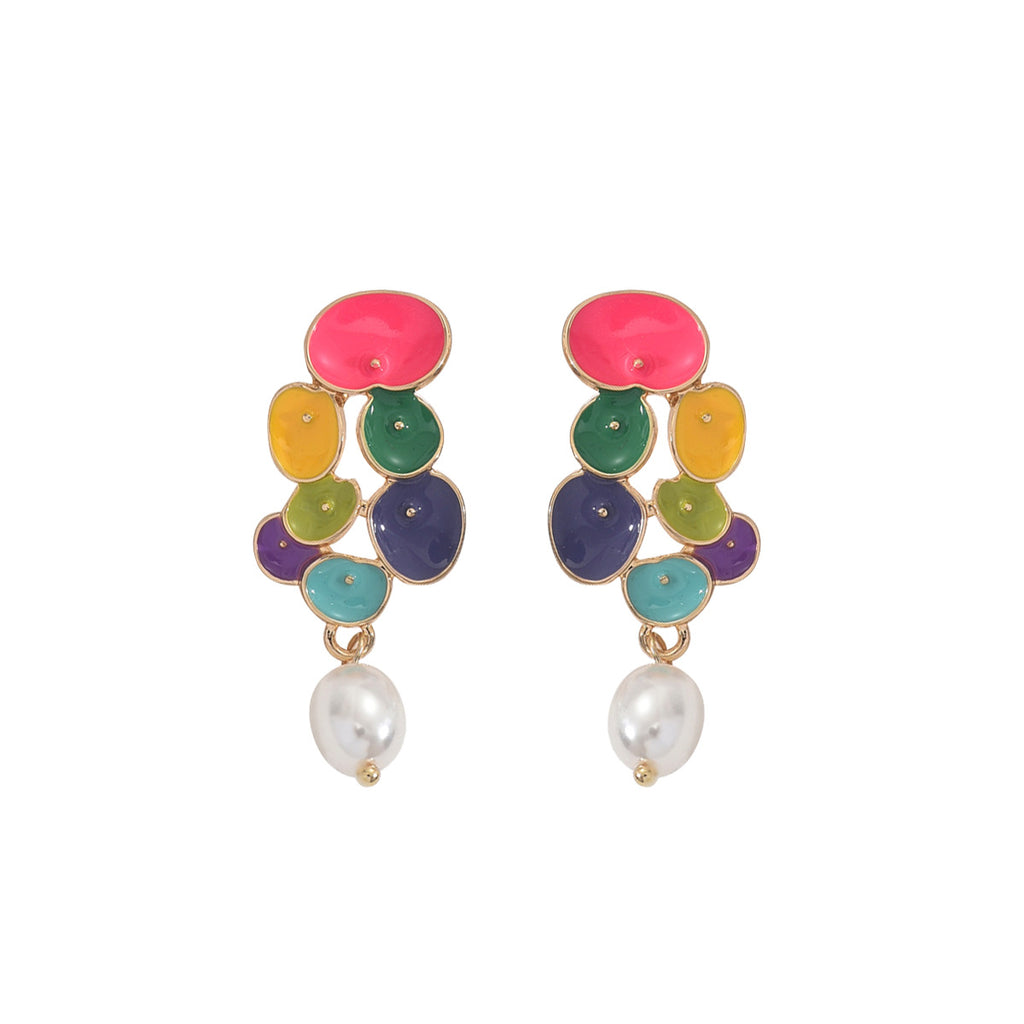 Colorful oil drop flower pearl earrings