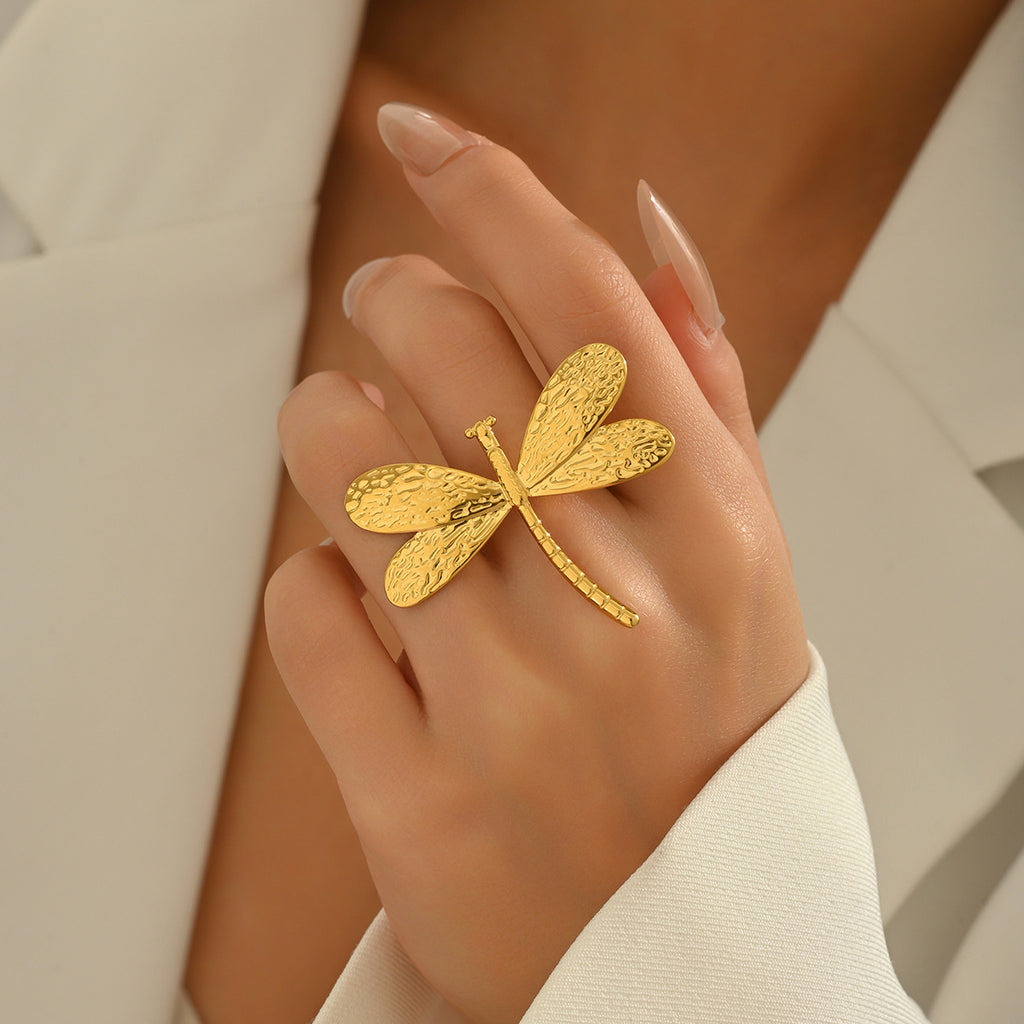 Ruffled dragonfly open plain band ring