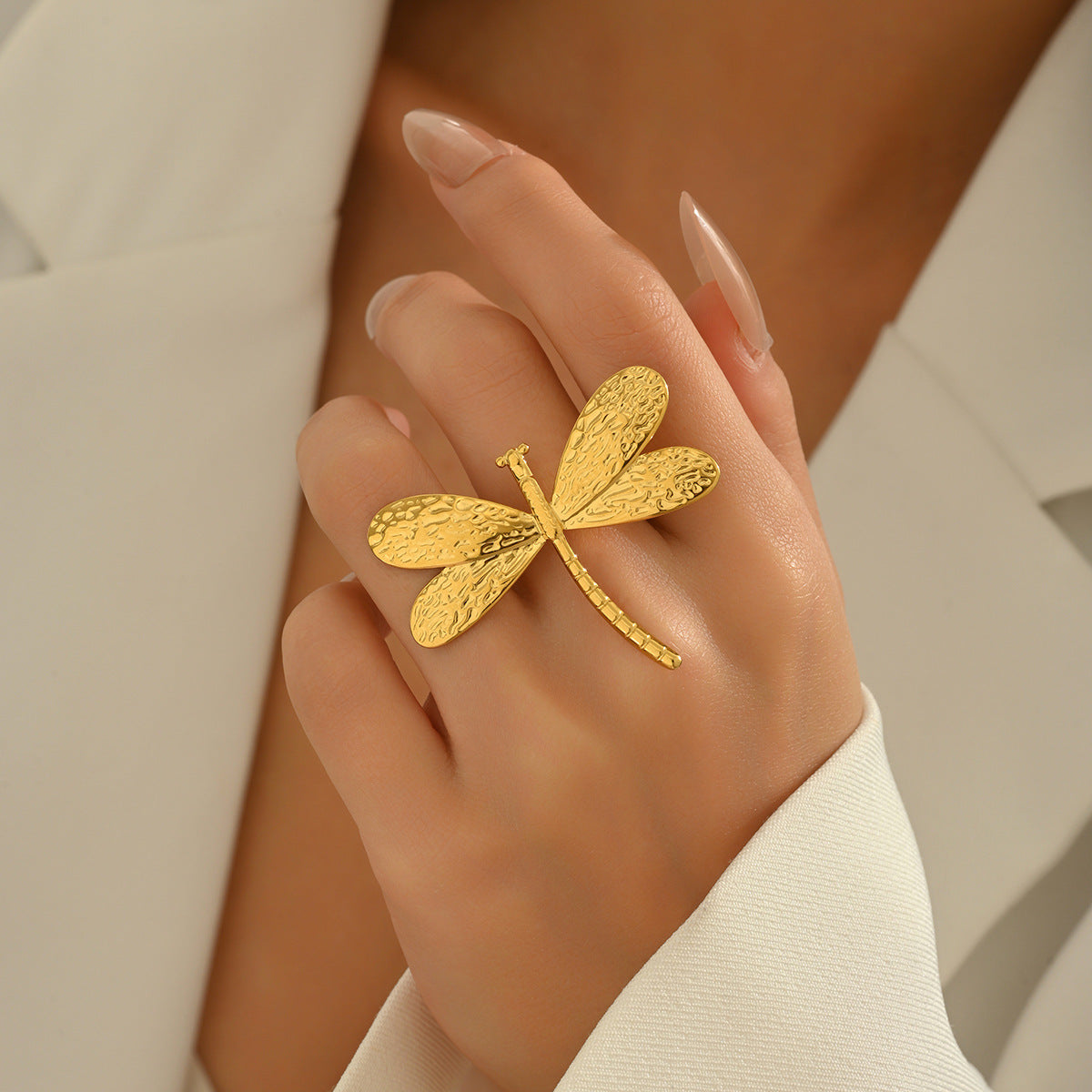Ruffled dragonfly open plain band ring