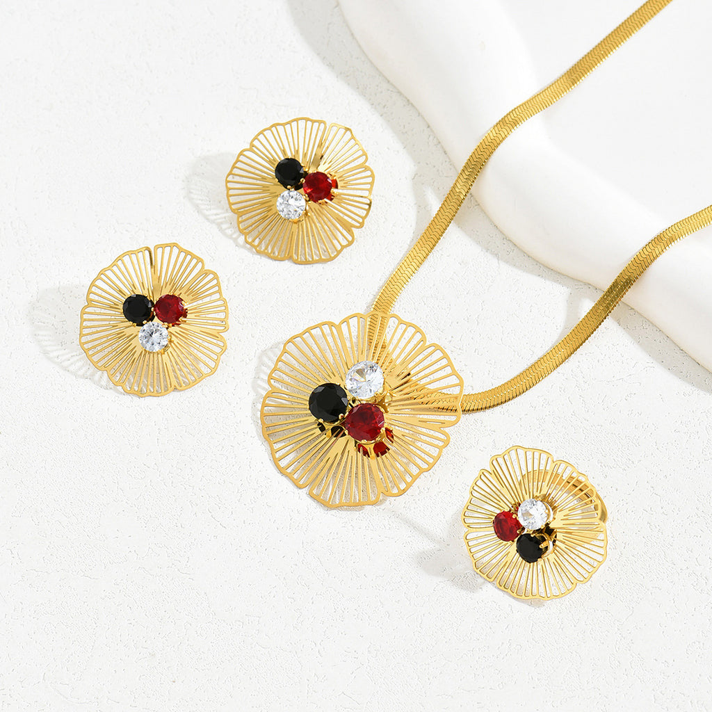 Flower ring, long necklace and earring set