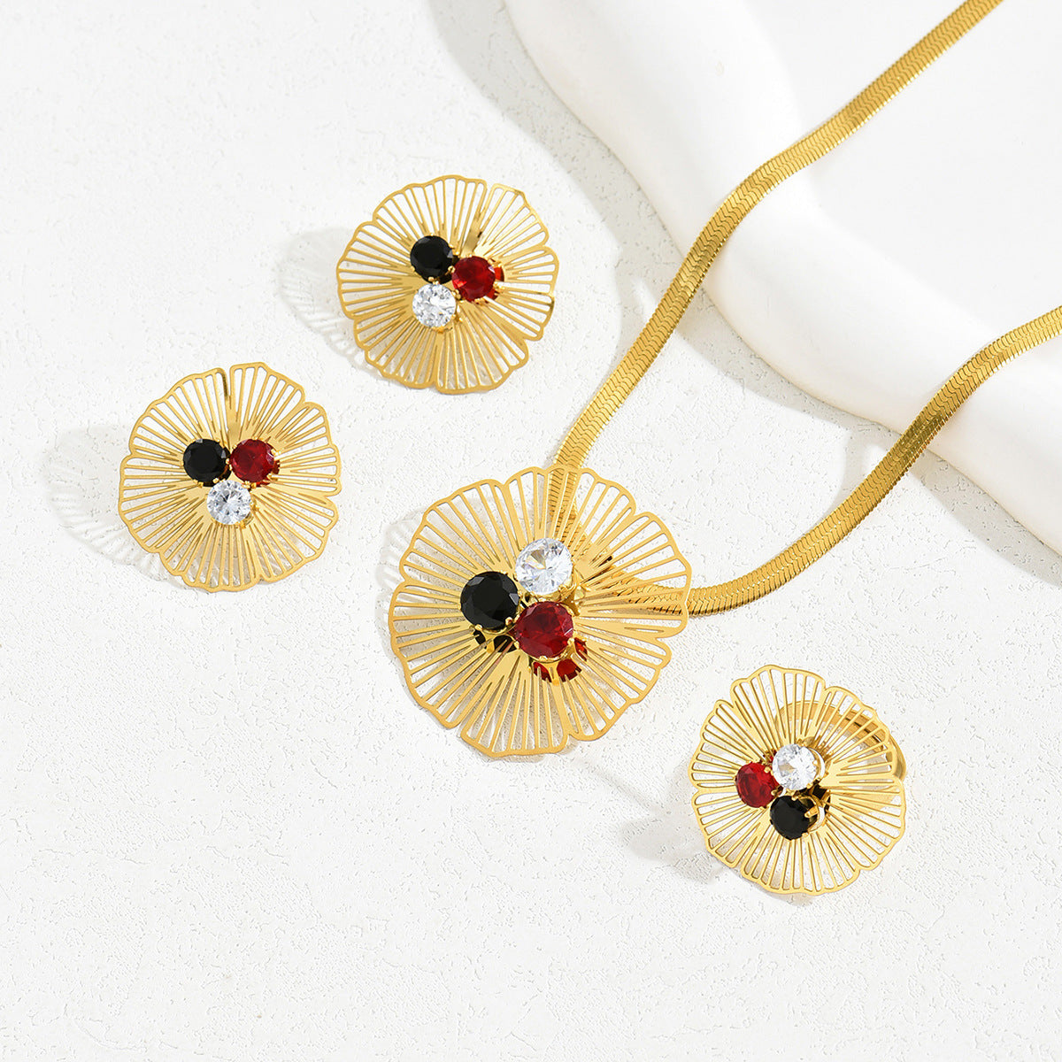 Flower ring, long necklace and earring set