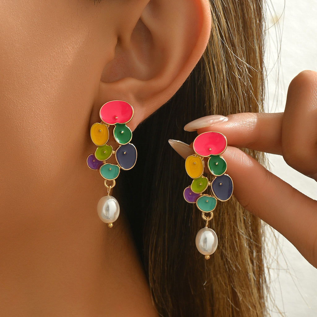 Colorful oil drop flower pearl earrings