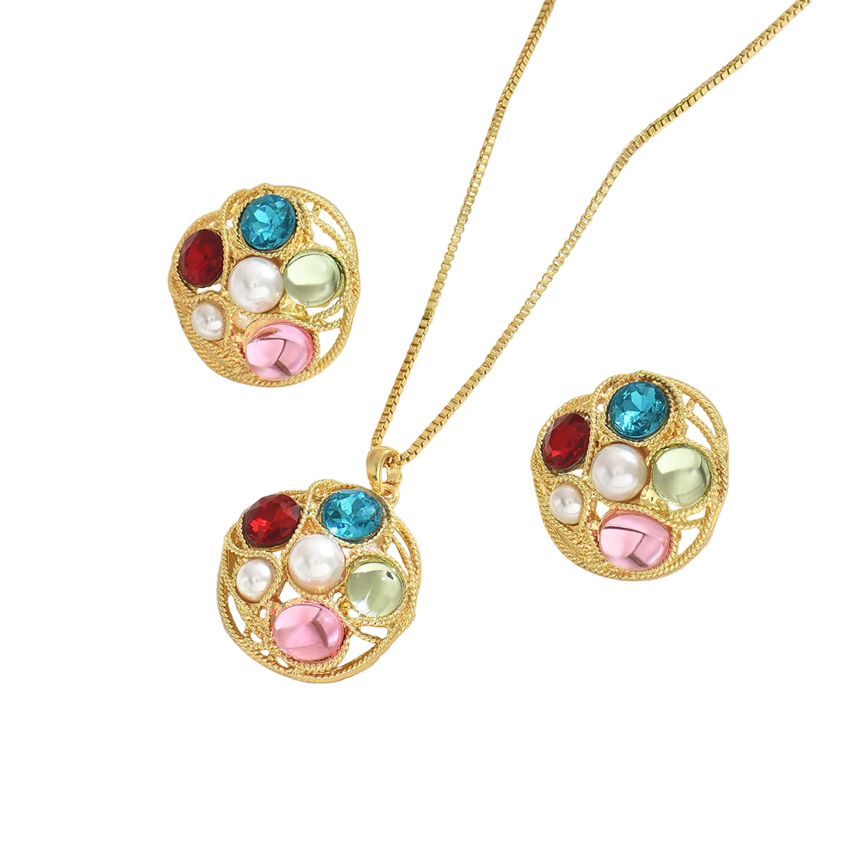 Gemstone-set long necklace, pendant, and earring set