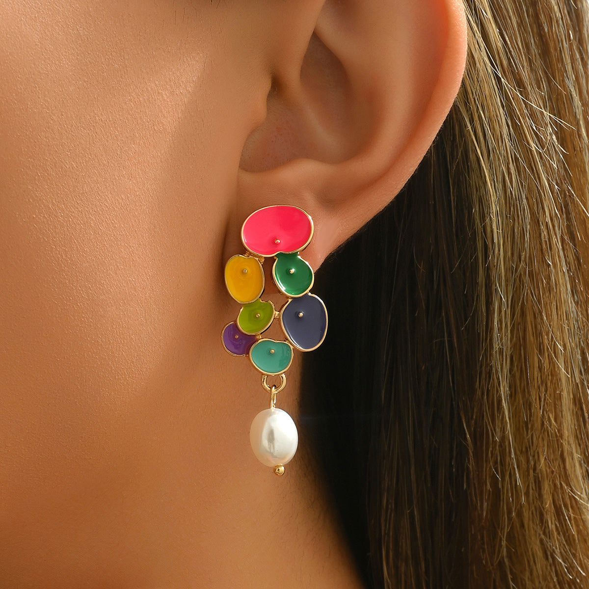 Colorful oil drop flower pearl earrings