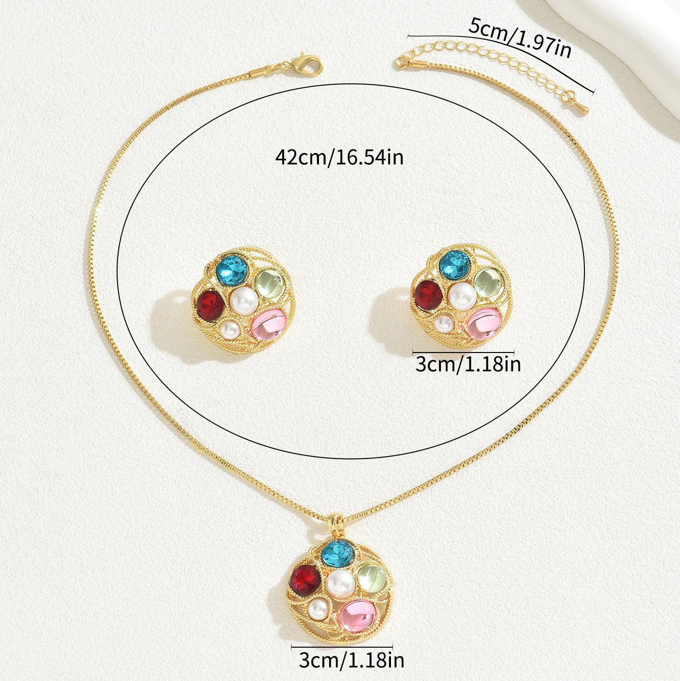 Gemstone-set long necklace, pendant, and earring set