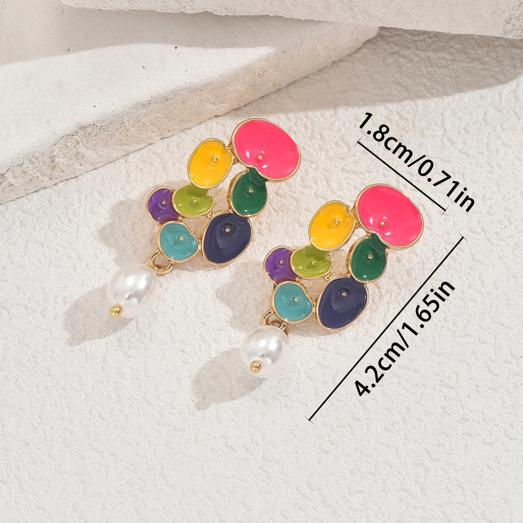 Colorful oil drop flower pearl earrings