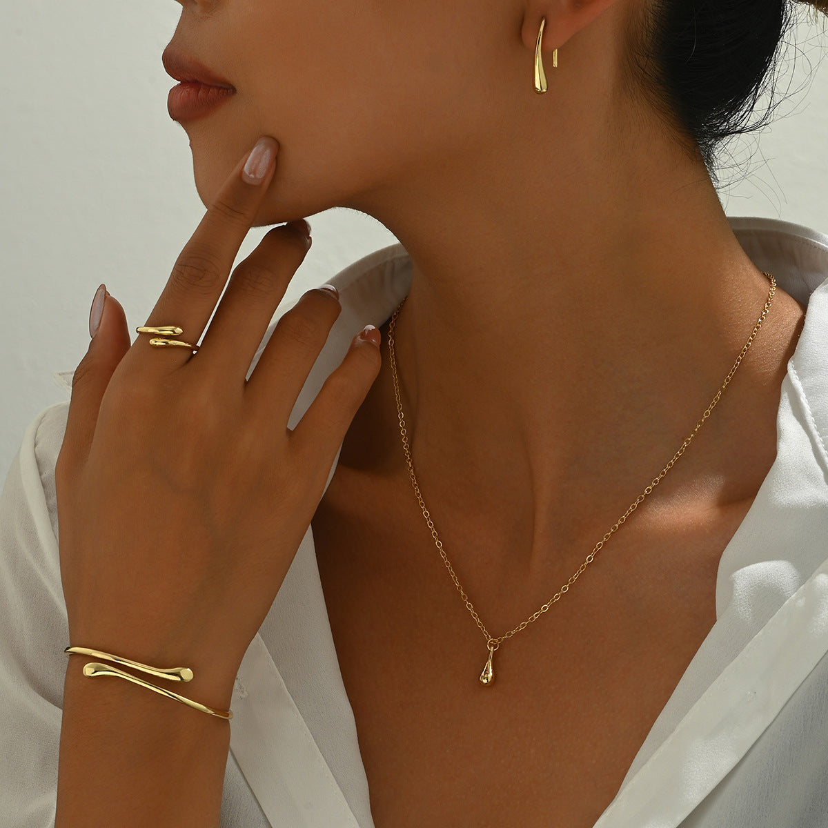 Teardrop-shaped ring and adjustable bracelet earring necklace set