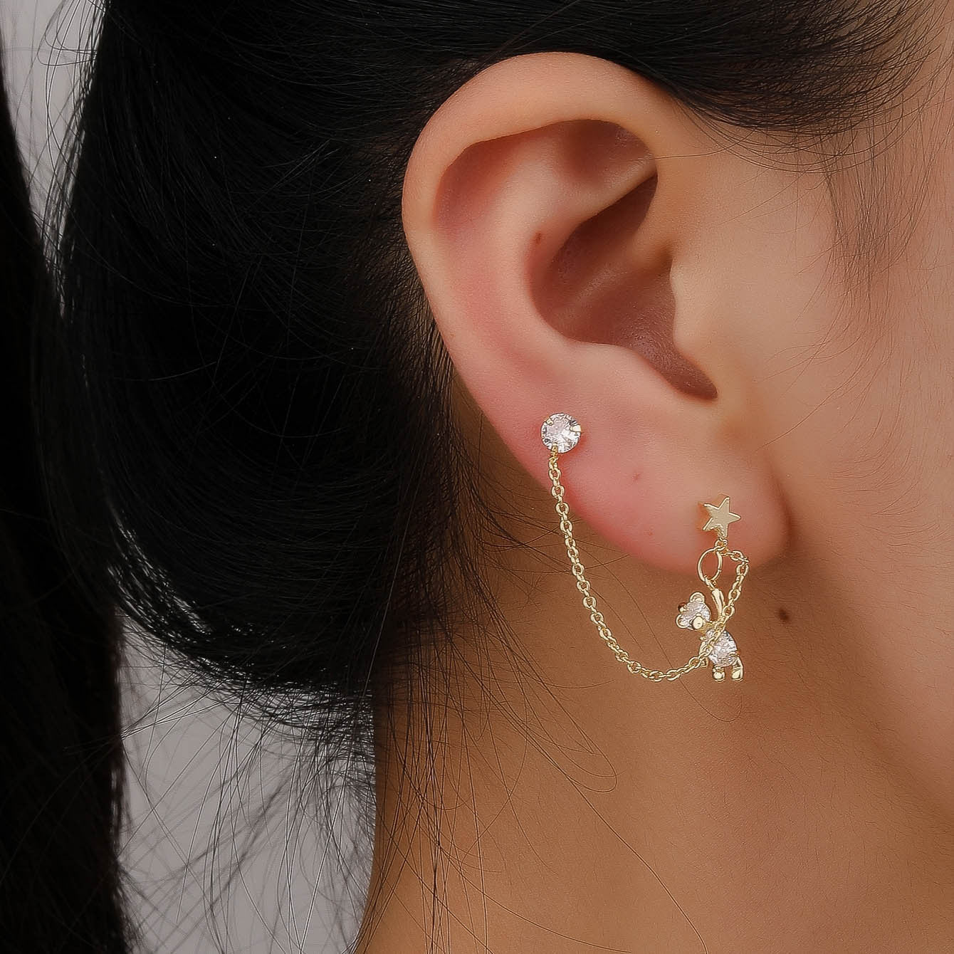 Cute bear and star ear cuff chain