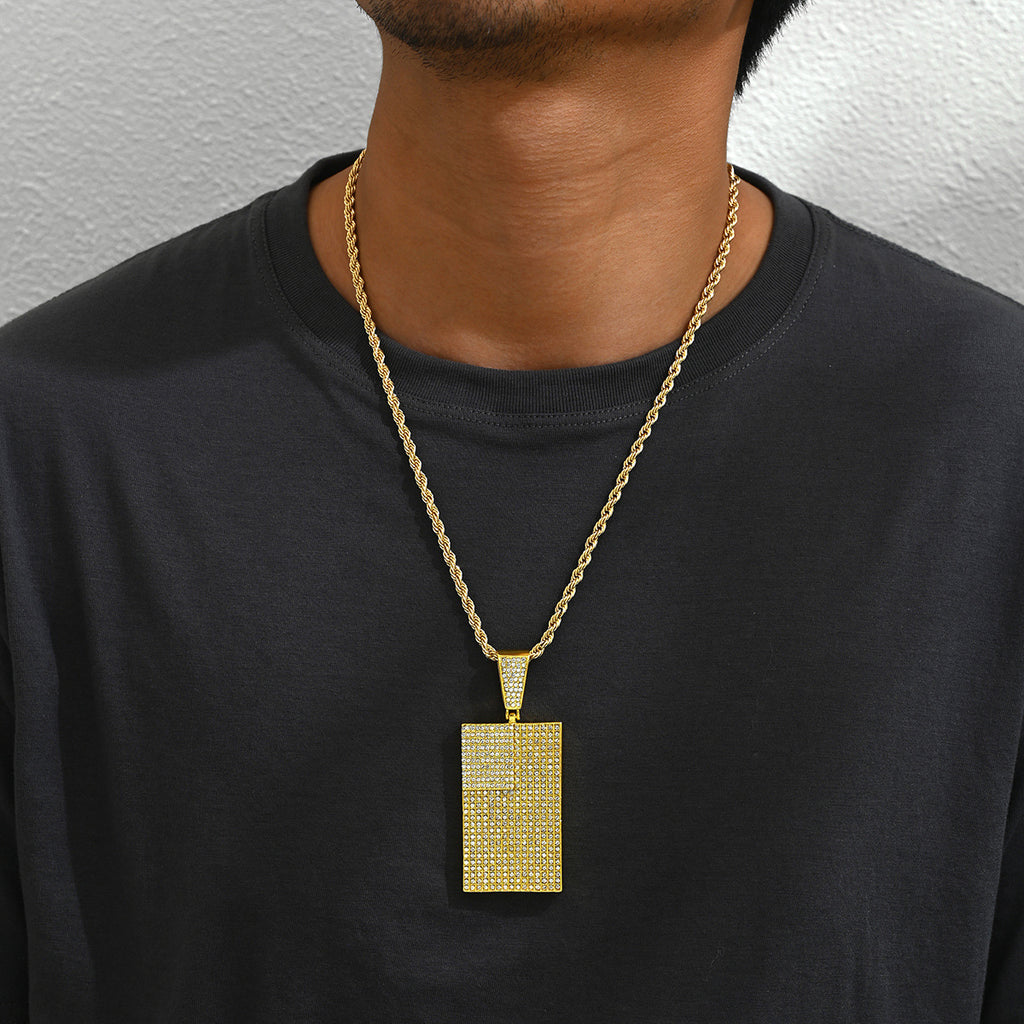 Men's square pendant and diamond-encrusted necklace