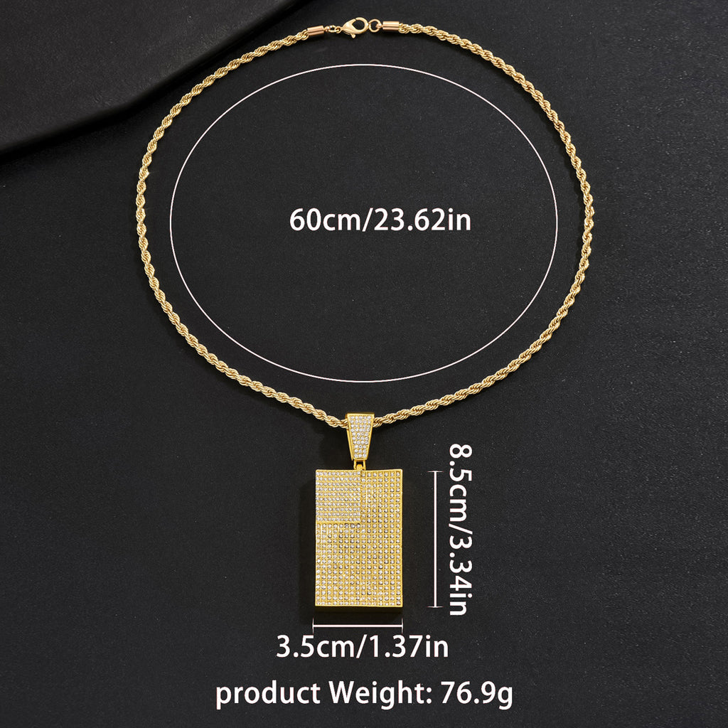 Men's square pendant and diamond-encrusted necklace