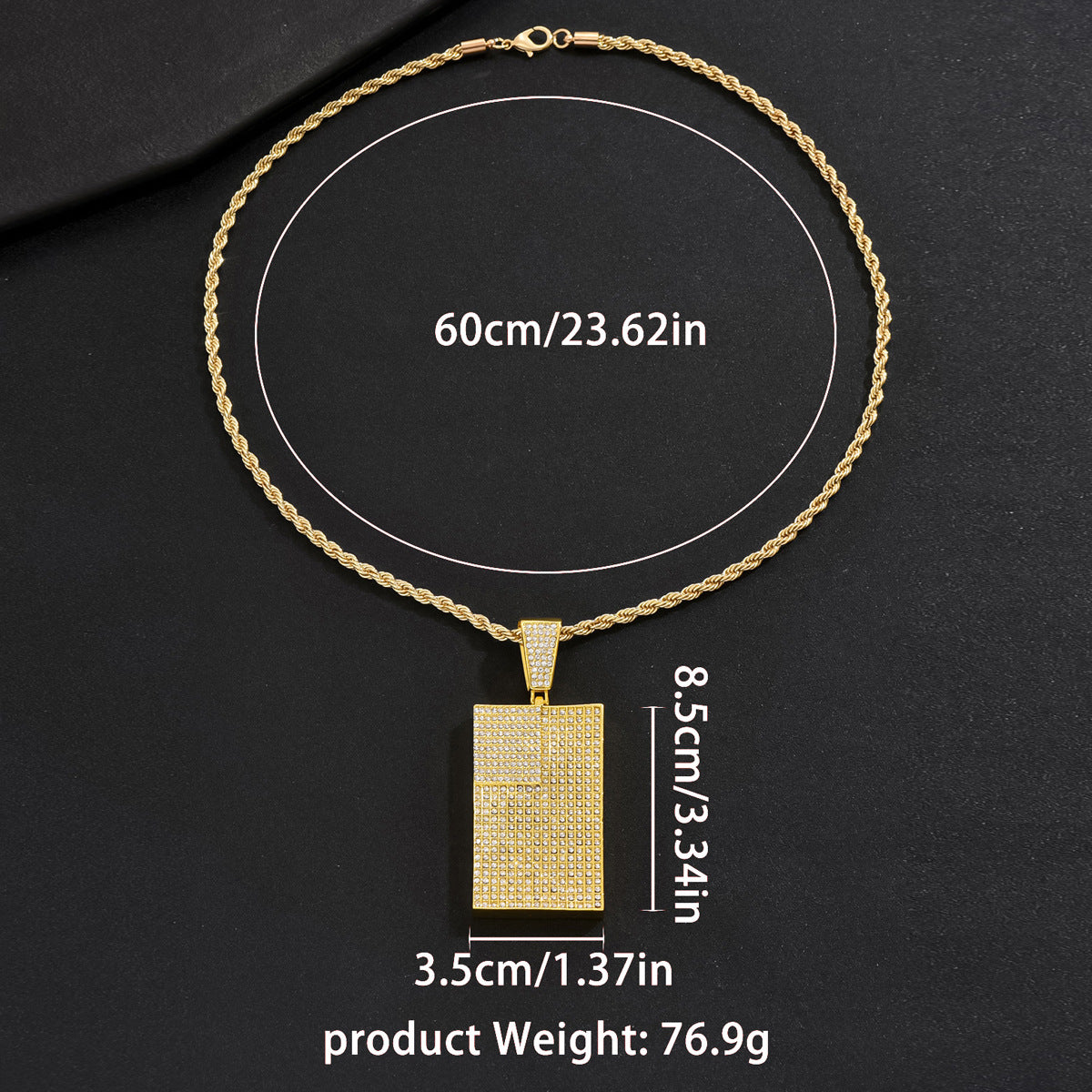 Men's square pendant and diamond-encrusted necklace