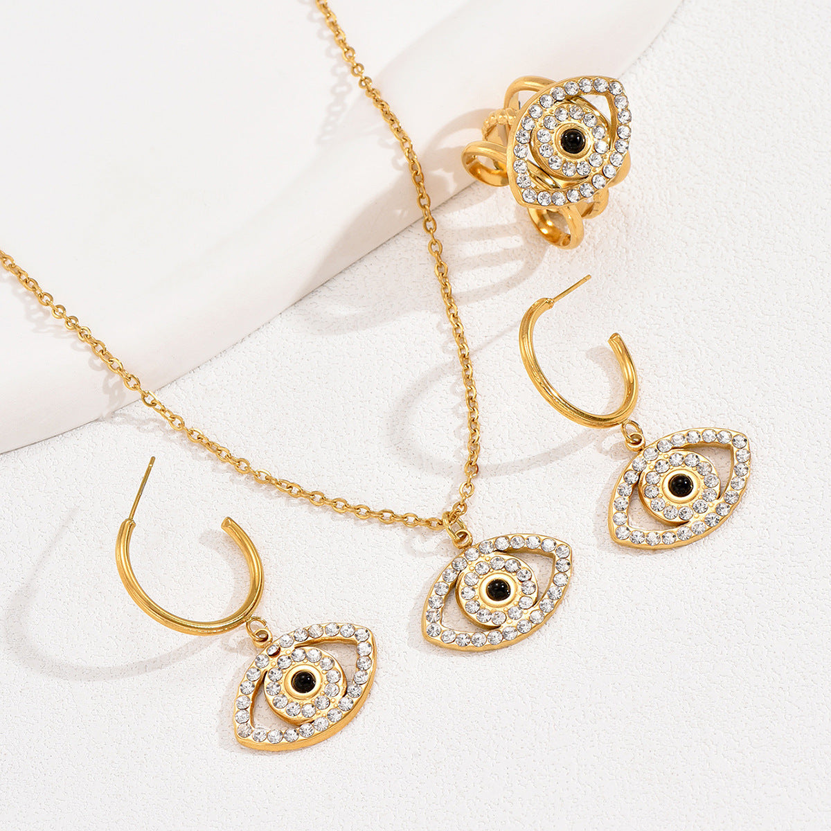 Evil Eye Inlaid Zirconia Clavicle Chain, Versatile Ring and Earring Set
