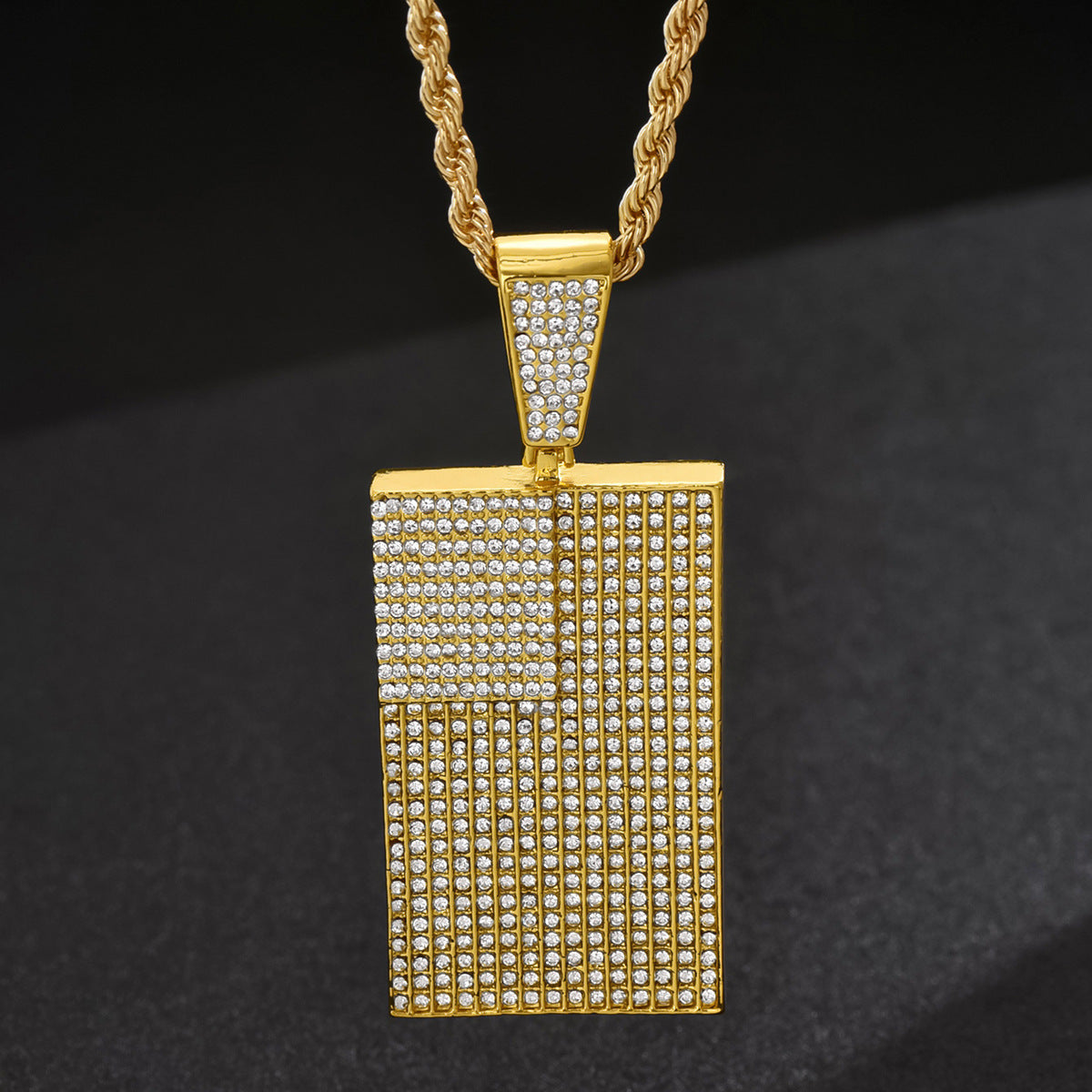 Men's square pendant and diamond-encrusted necklace