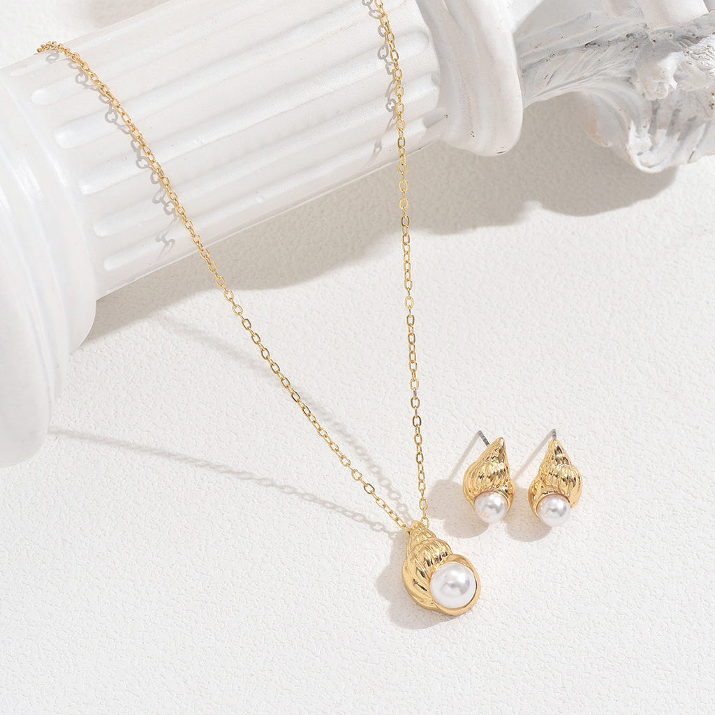 Shell and pearl earrings and clavicle necklace set