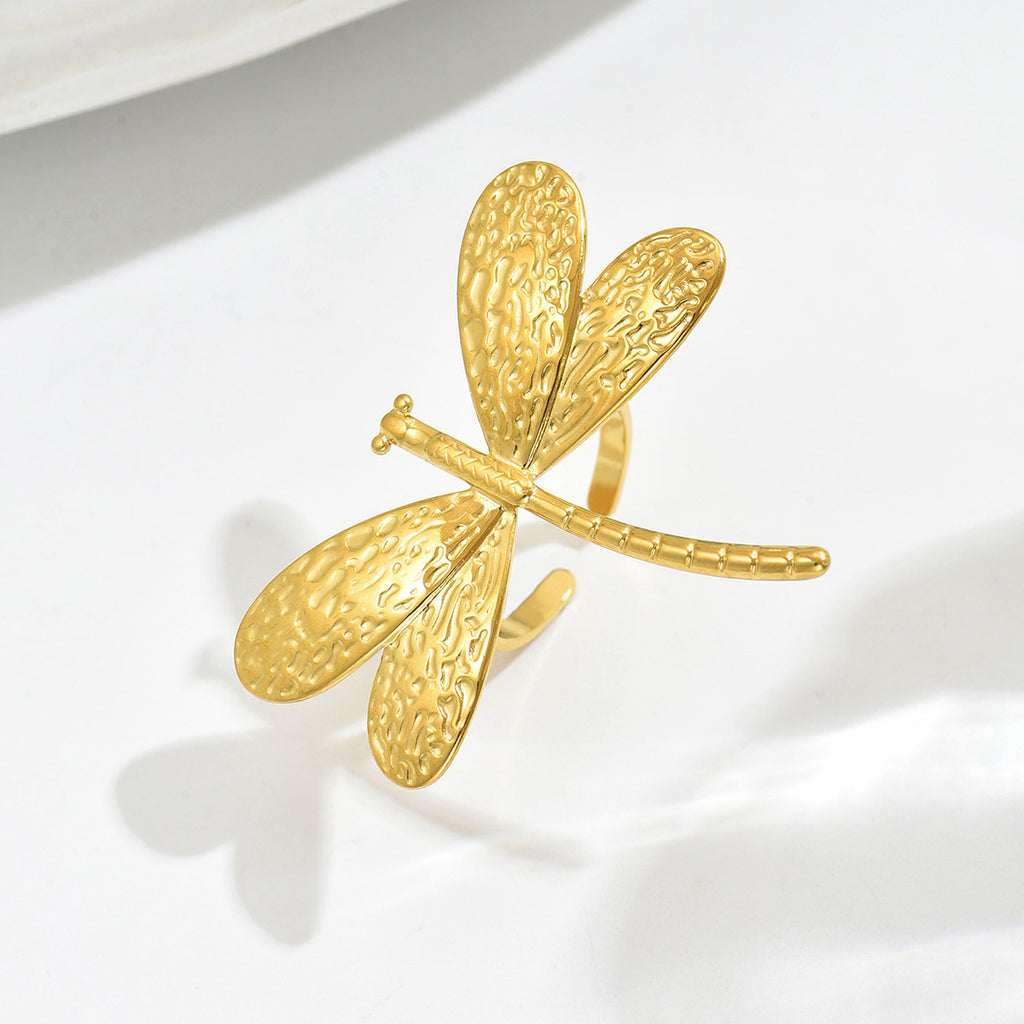 Ruffled dragonfly open plain band ring