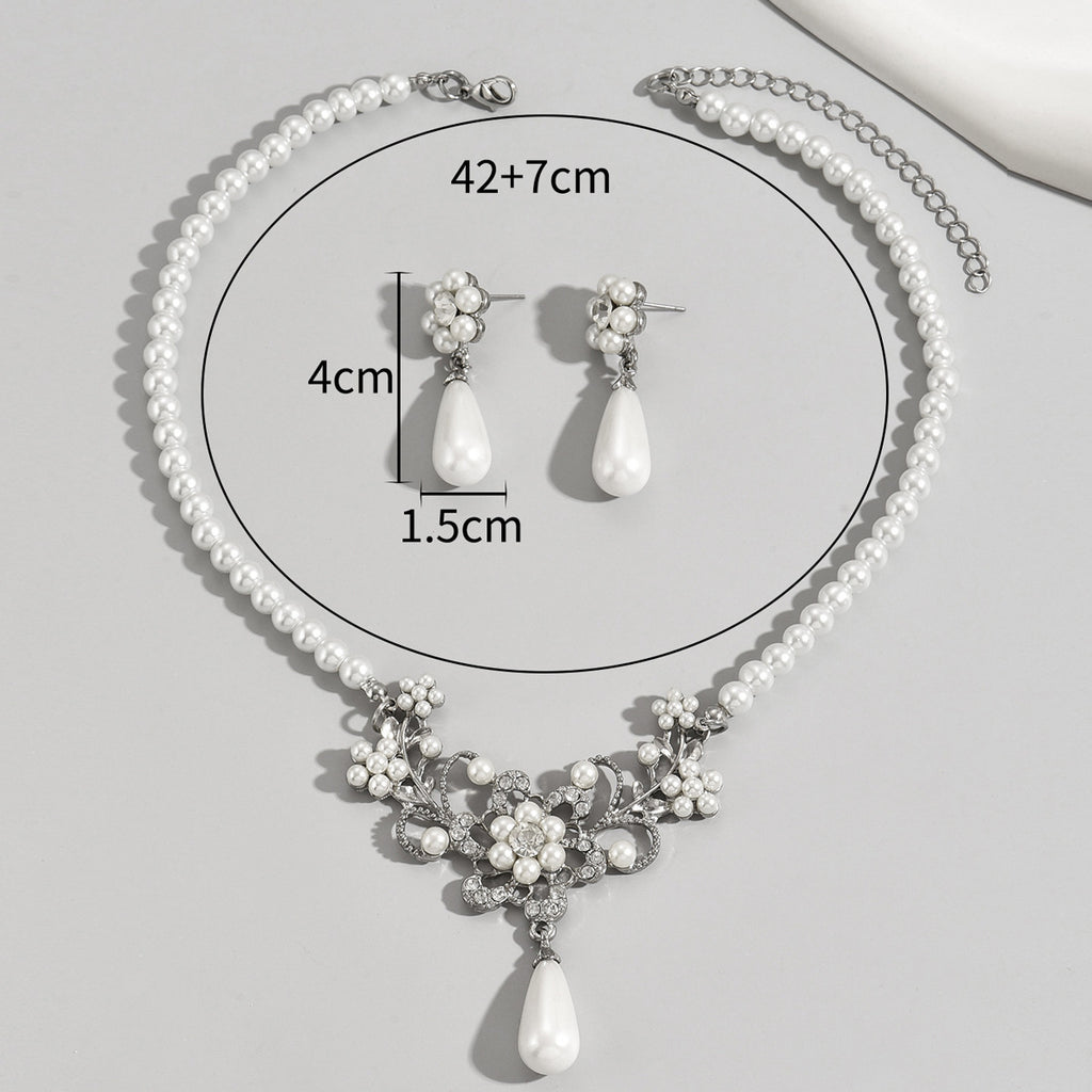 Retro pearl necklace with zircon plum earrings set
