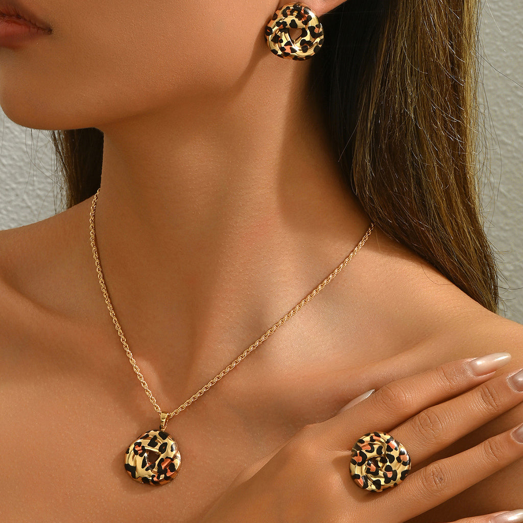 Ring, necklace, earrings, and leopard print clavicle chain jewelry set