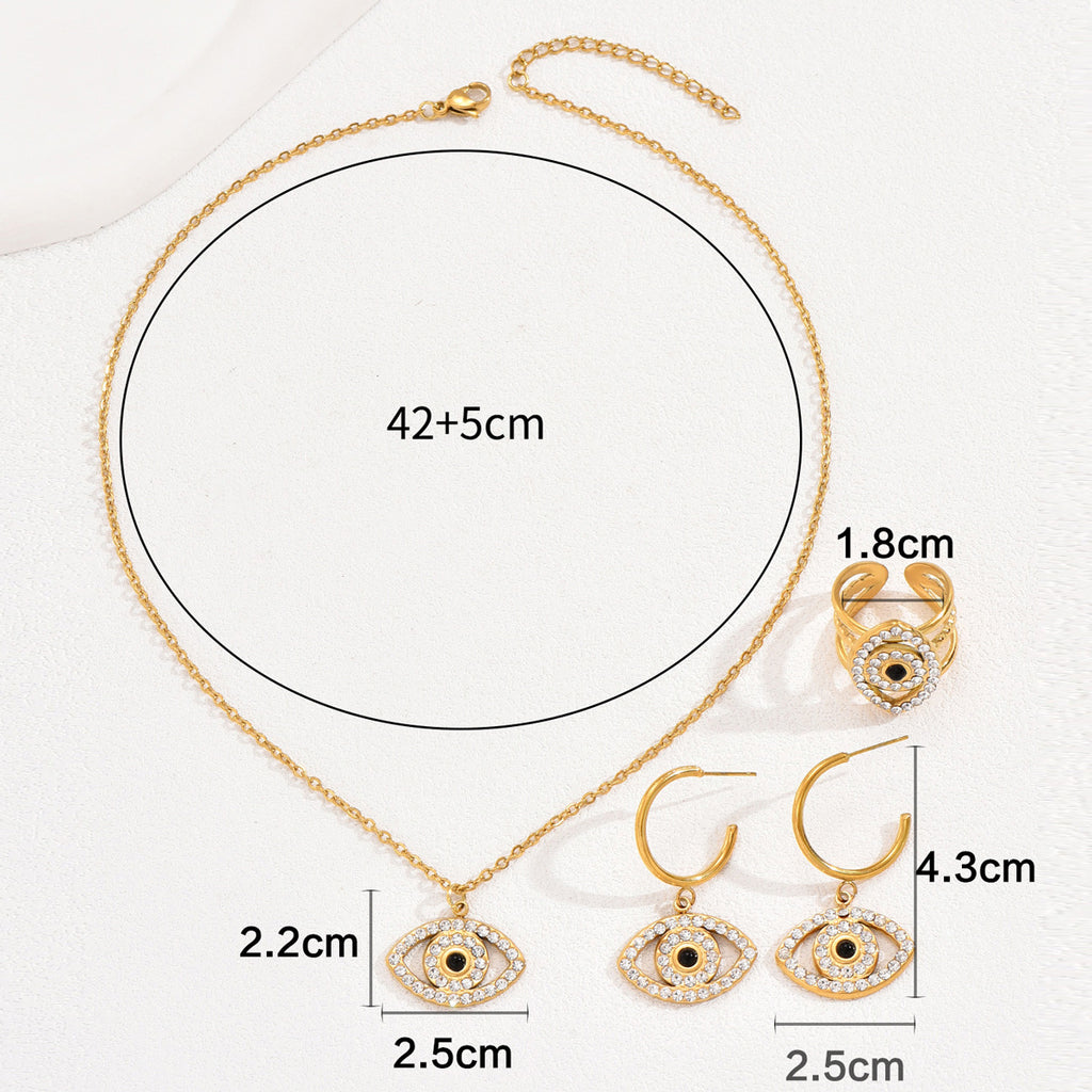 Evil Eye Inlaid Zirconia Clavicle Chain, Versatile Ring and Earring Set