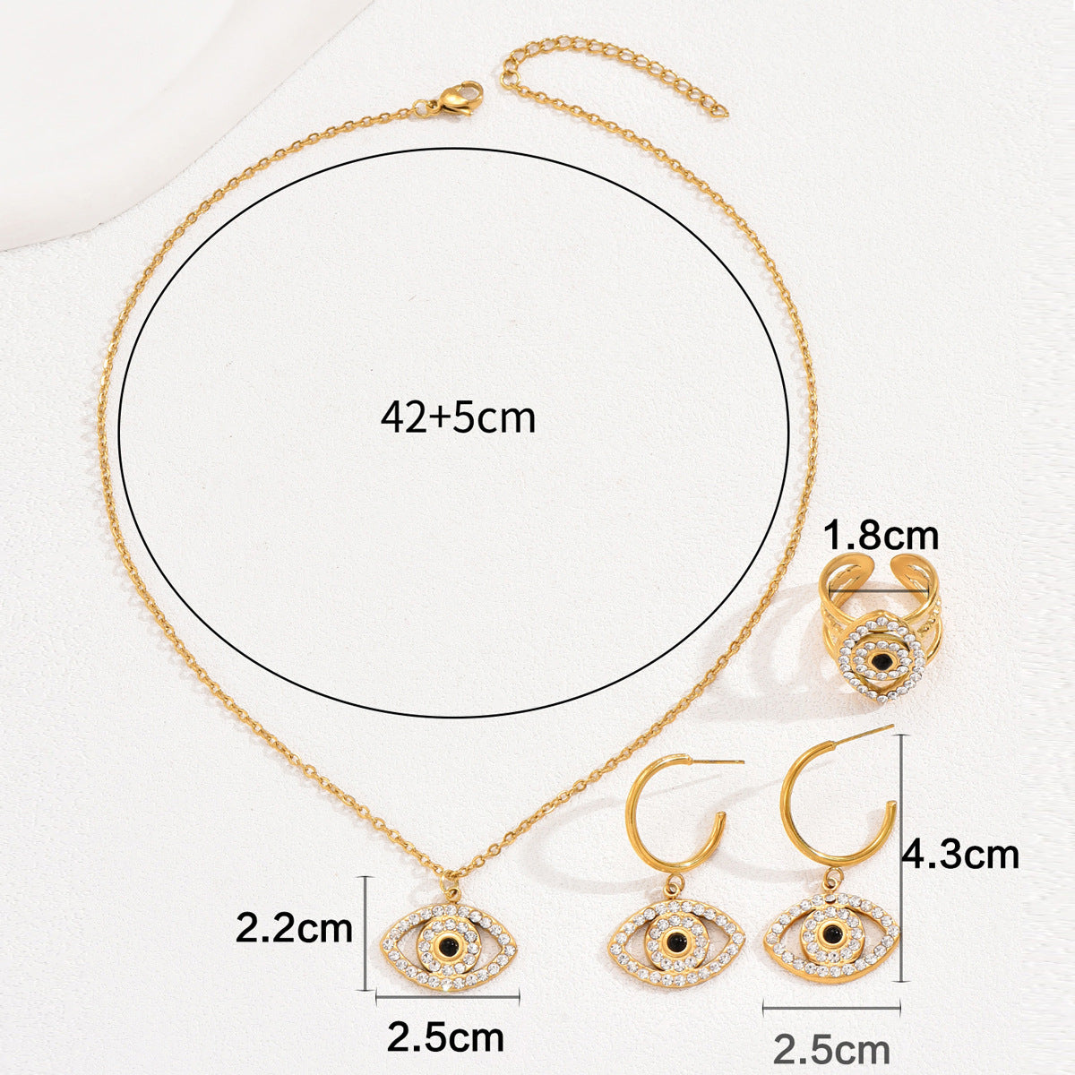 Evil Eye Inlaid Zirconia Clavicle Chain, Versatile Ring and Earring Set
