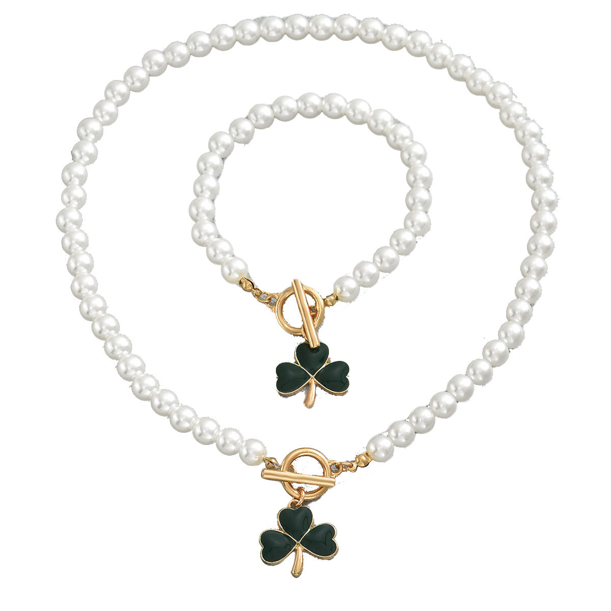 Heart-shaped four-leaf clover necklace and bracelet set